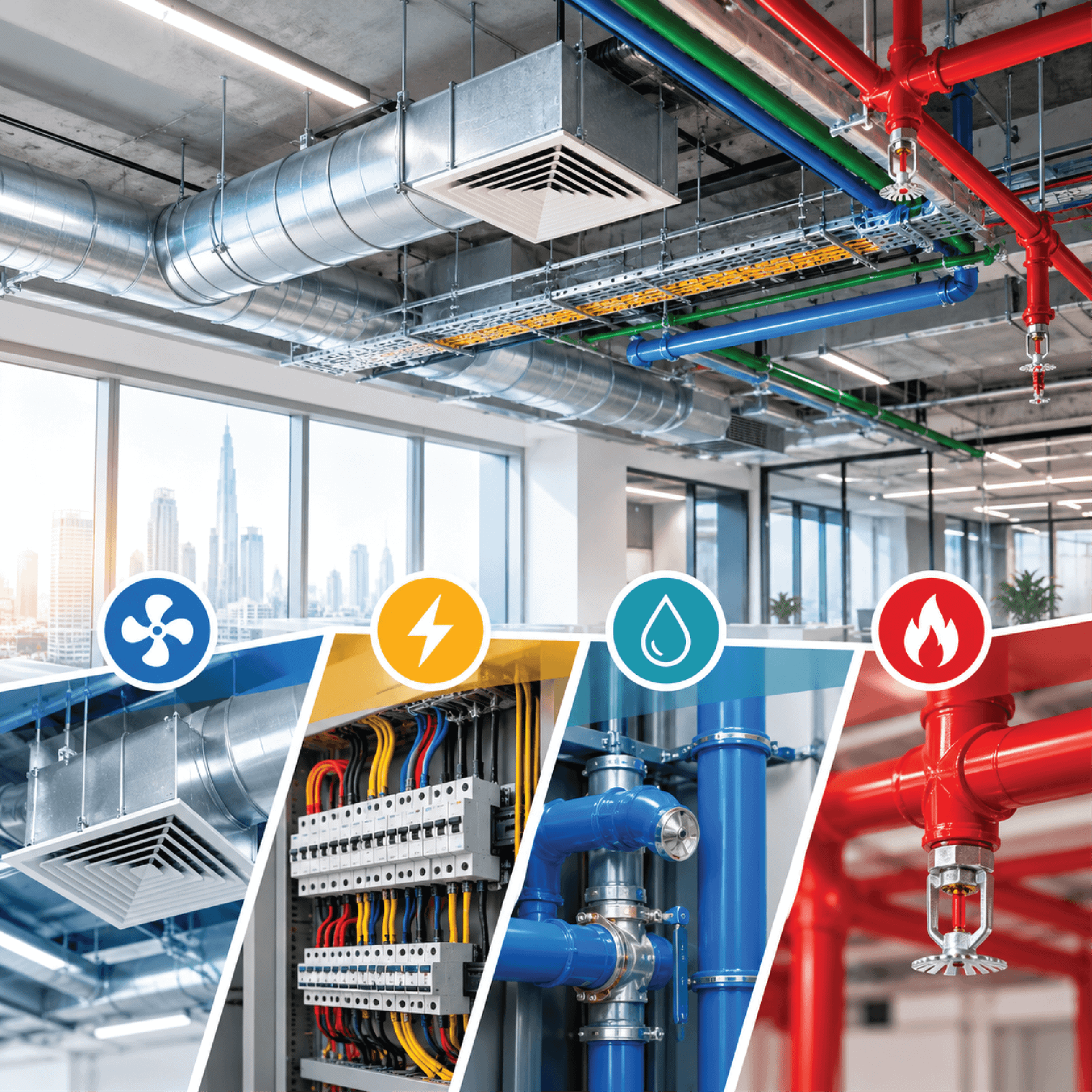 MEP technicians installing and maintaining building systems in Dubai